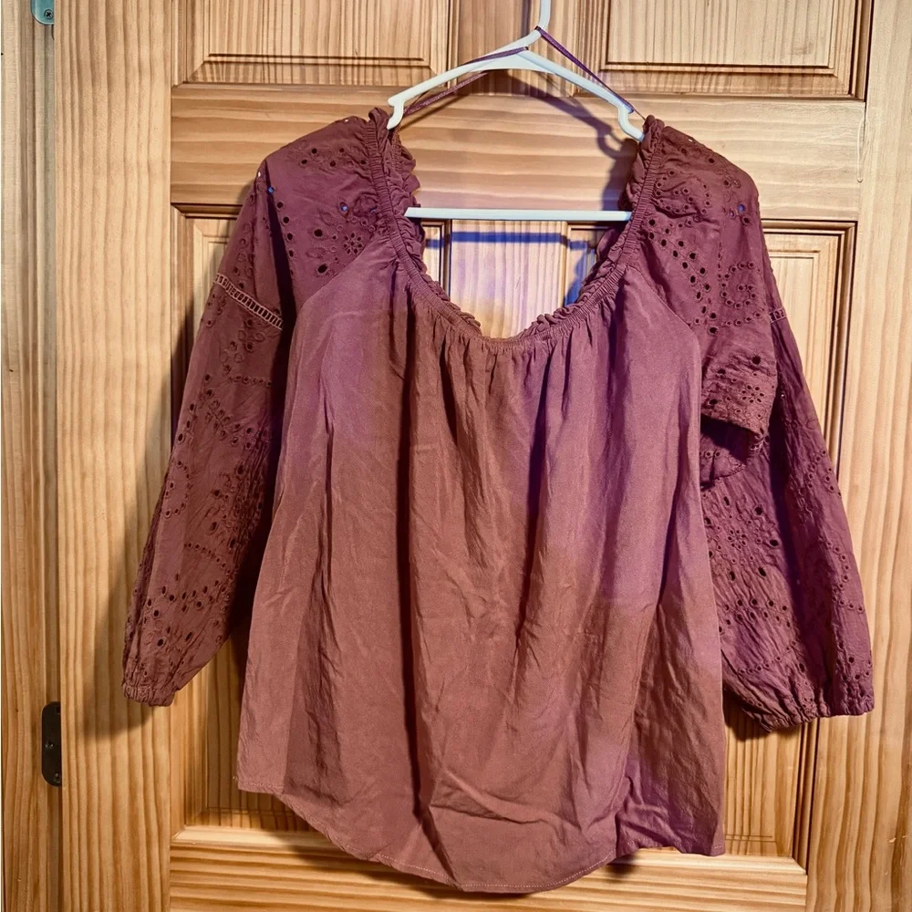 💝 Maurices 3/4 Sleeve Eyelet Blouse in rustic brown, size XL - Picture 1 of 7